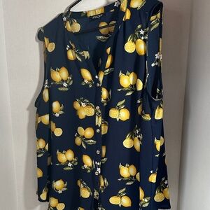 Roz & Ali navy blue lemon print sleeveless button up shirt size 2X